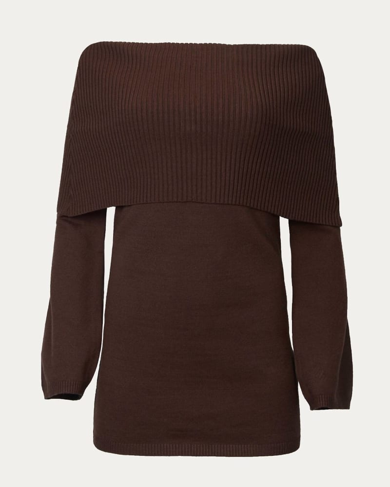 Front of a model wearing a size L Off-The-Shoulder Sweater Dress in Chocolate in Chocolate by THE SANG. | dia_product_style_image_id:345580